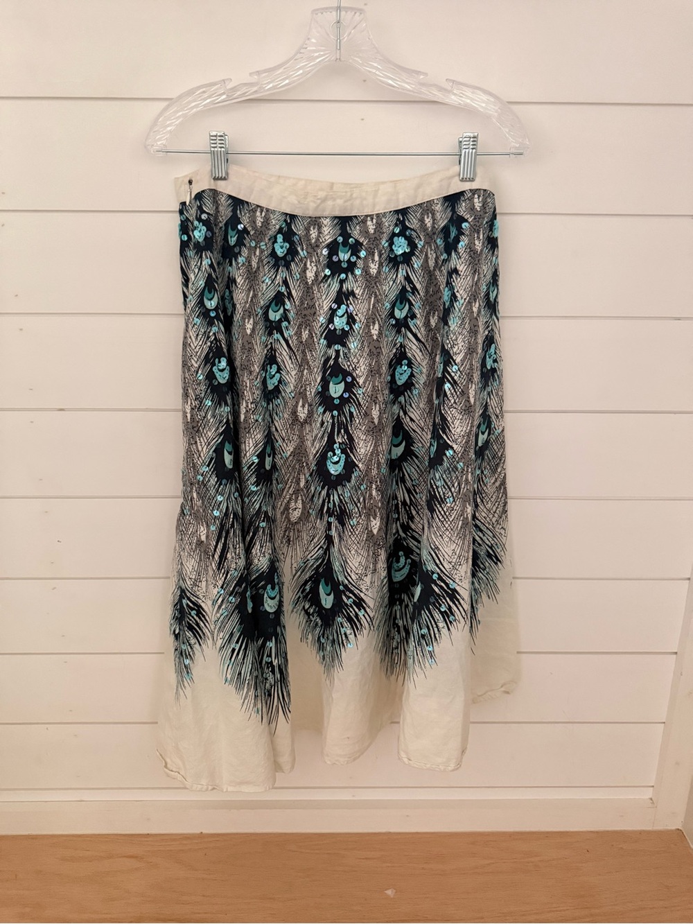 Vintage Bernardo Peacock Feather Skirt Sequins Block Print Coastal Chic size 12 - Picture 4 of 8